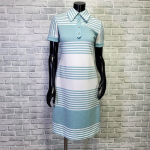 Vintage 70s Leslie‎ Fay Womens M Turquoise White Striped Dbl Knit Poly Dress